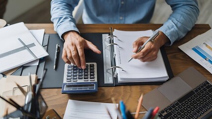 Sticker - Top view of an organized desk with laptop, notebook, calculator, and crumpled papers on blue background. Ideal for business, finance, and productivity themes.