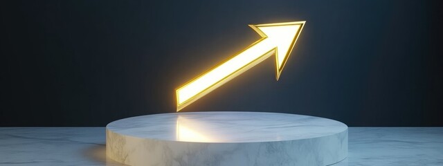 Poster - Gold glossy location arrow icon on a white marble podium Modern symbol for digital platforms presentations and design templates 3D render