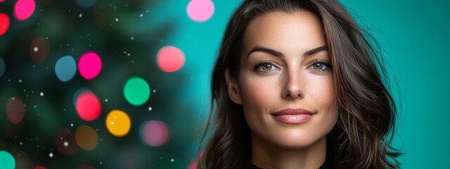 Wall Mural -  A woman poses before a Christmas tree against a green backdrop, adorned with colorful wall lights