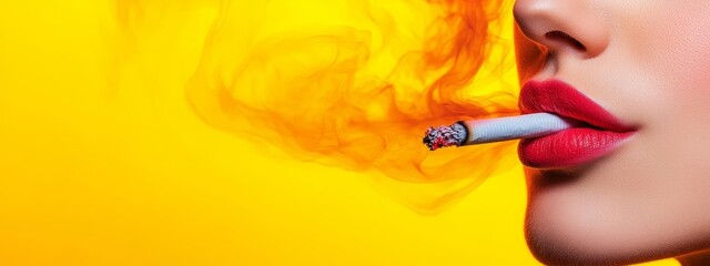  A woman holds a cigarette between her lips against a yellow backdrop, emitting smoke from both her mouth and the lit end