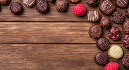 Wall Mural - Assortment of delicious chocolate candies on wooden background