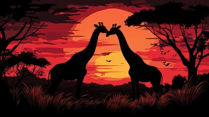 Cartoon style silhouettes of two giraffes gazing at the sunset depicting a romantic evening scene with a male and female pair