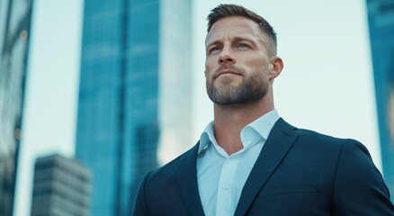 Canvas Print - Confident businessman looking out over city skyline