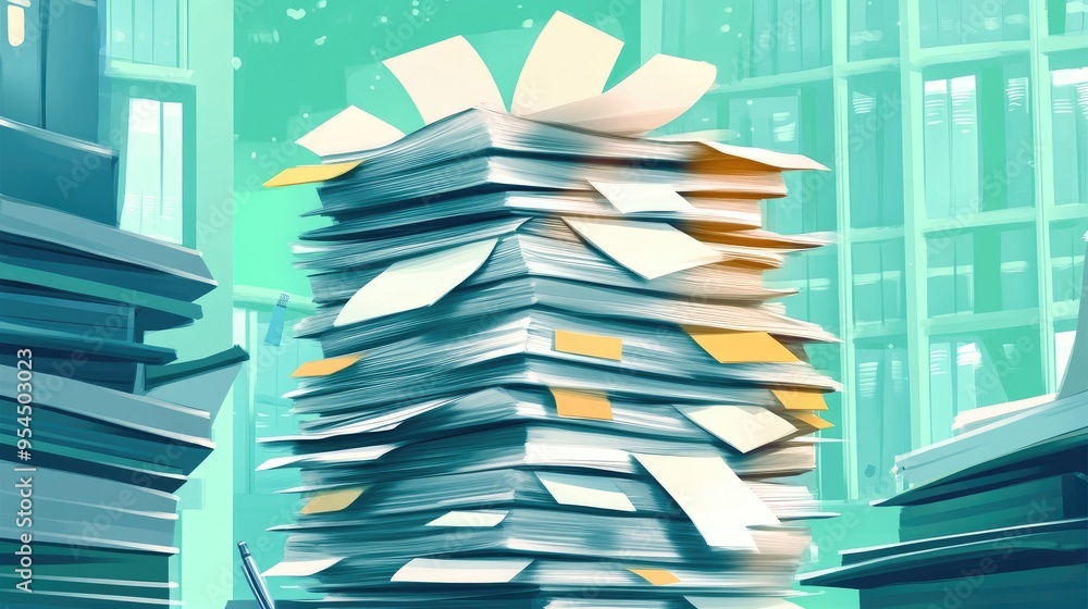 Paper Stack Animation Effect Cartoon style stack of office papers with a circular peeling sticker ...