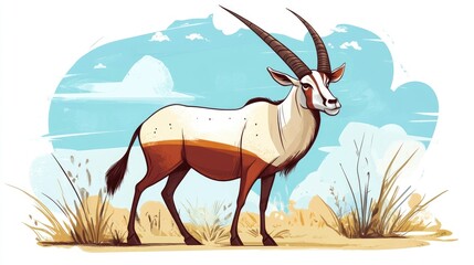 Poster - 2D cartoon style illustration of an oryx featuring sketches and images of this antelope