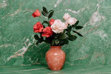 Wall Mural - Vibrant rose bouquet in ceramic vase