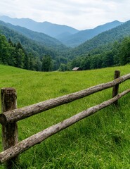 Poster - Scenic mountain landscape with wooden fence in foreground