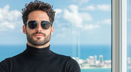 Poster - stylish man with sunglasses and beard overlooking city skyline