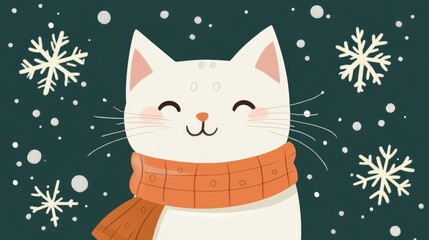 Wall Mural - 2D cartoon style white cat wearing a scarf surrounded by snowflakes