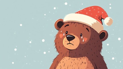 Cartoon style flat illustration of a tearful bear donning a festive hat