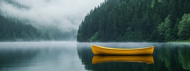  A yellow boat floats on a lake beside a lush, green forest The forest is covered in foggy clouds