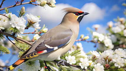 A stunning waxwing sits gracefully on a branch adorned with vibrant white blossoms, enjoying the warm spring day and clear blue sky above