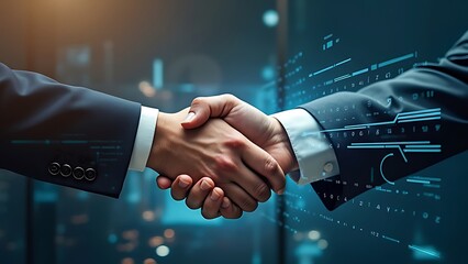 Deal. business man shaking hands with effect global network link connection and graph chart of stock market graphic diagram, digital technology, internet communication, teamwork, partnership concept