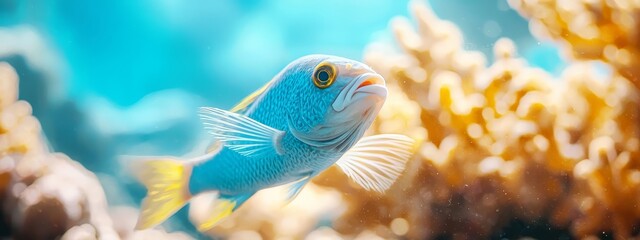  A tight shot of a blue fish amidst corals, with various corals in the backdrop