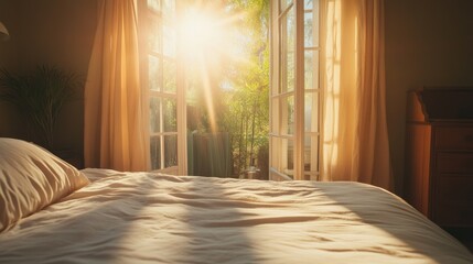 Wall Mural - Sunlight filtering through a terrace door, creating warm, gentle shadows on the bed in a serene bedroom.