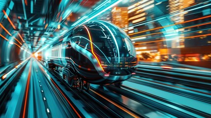 Futuristic train speeding through  vibrant illuminated cityscape at night