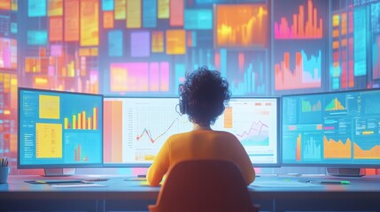 Wall Mural - Data Analyst Working with Multiple Monitors in Modern Office Analyzing Financial Charts and Graphs