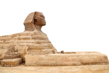 Famous Great Sphinx, Cairo, Egypt. Ancient statue of Sphinx, mythical creature with head of man and body of a lion, Giza pyramid complex (Giza Necropolis). Isolated on white background