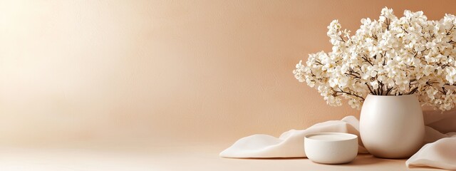  A table holds a vase filled with white flowers Nearby, another vase, also brimming with white blooms, is cloaked by a white cloth