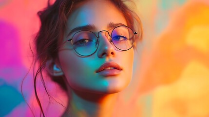 Wall Mural - A close-up portrait of a young woman with brown hair wearing glasses, illuminated by colorful lights.