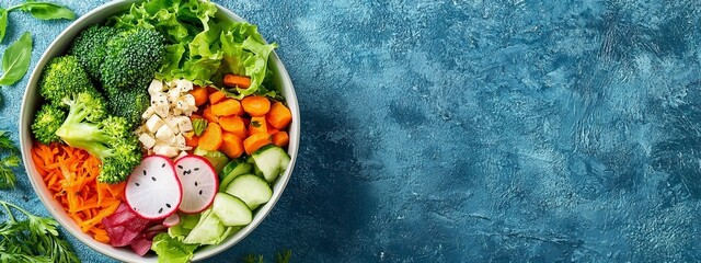 Wall Mural -  A bowl filled with broccoli, carrots, radishes, cucumbers, and red radishes against a blue backdrop