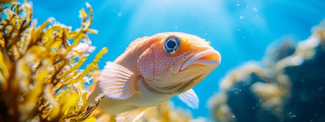  A tight shot of a fish swimming by seaweed in a clear blue ocean, illuminated by sunlight filtering through the water