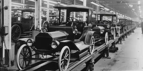 Vintage factory scene featuring classic cars on an assembly line. The manufacturing process highlights vintage automobiles ready for distribution.