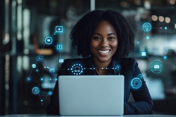 Smiling Woman Using Laptop with Digital Icons Surrounding Her