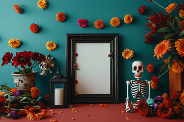 Wall Mural - Beautiful greeting card with bright holiday composition for happy to joy celebrate dia de muertos