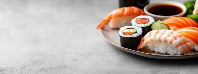 Wall Mural -  A sushi platter with chopsticks, cucumber rolls, and broccoli arranged on the table