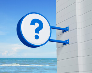 Wall Mural - Question mark sign icon on hanging blue rounded signboard over tropical sea and sky, Business customer service and support concept, 3D rendering