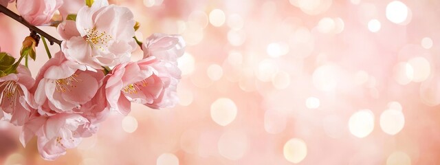 Wall Mural -  A close-up of pink flowers on a branch with a beak of light in the foreground and a blurred bokeh of light in the background