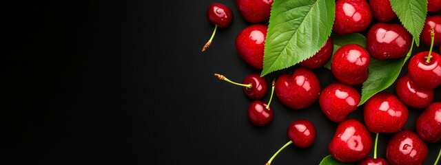 Poster -  Black background features a cluster of red cherries with verdant green leaves Text or image placement here