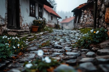 Misty village scene showcasing flowers and rustic stone houses lining a cobblestone path, highlighting the beauty of nature and tranquility in a quiet countryside setting.