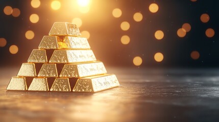 Stacked gold bars pyramid illuminated by warm light with bokeh background, symbolizing wealth and luxury in a dark setting.