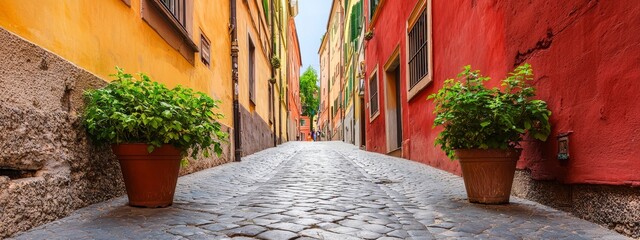  A cobblestone street flanked by two potted plants; a red building lies in the background