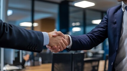 Successful negotiate and handshake concept, two businessman shake hand with partner to celebration partnership and teamwork, business deal