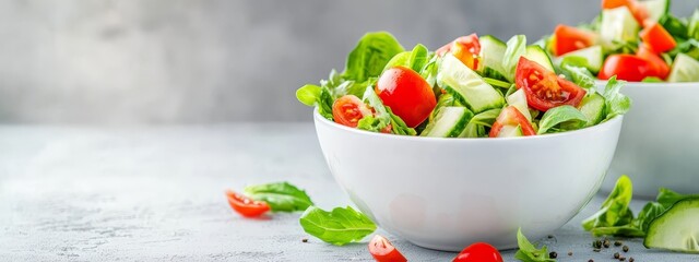 Wall Mural -  A white bowl holds a fresh salad of cucumber, tomato, and lettuce atop the table