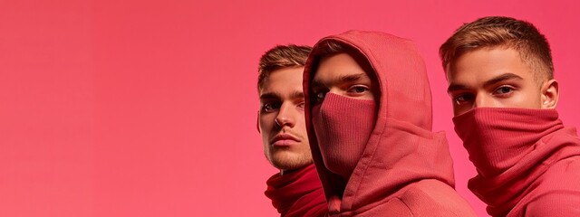  Two young men, clad in hoodies, pose side by side against a pink backdrop