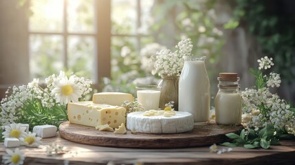 Wall Mural - Rustic Dairy Products Display with Cheese, Milk, and Flowers on Wooden Table in Sunlit Kitchen