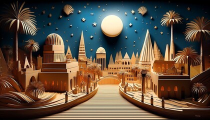 captivating cardboard Egyptian city scene under the moonlight illuminating a starry sky