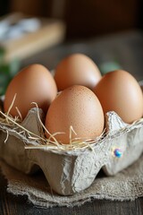 Wall Mural - Fresh Brown Eggs in a Rustic Carton on a Wooden Table with Straw and Burlap