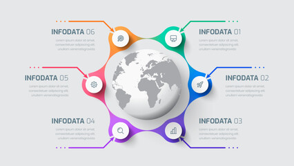 Wall Mural - Business Infographic Element Template with Globe 6 Options and Icon for Presentation Diagram