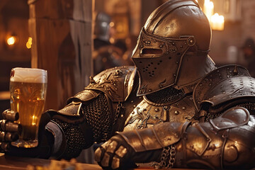 Canvas Print - A fantastic royal knight in armor drinks beer at a local bar