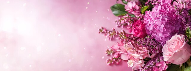 Wall Mural -  A tight shot of a pink backdrop bearing a bouquet of flowers, dewdrops adorning their petals and leaves