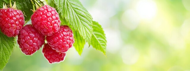 Poster -  A tree branch laden with raspberries and green leaves against a sunlit, blurred backdrop