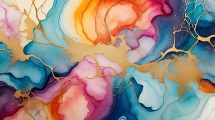 Rainbow abstract luxury flower Inkscapes. Watercolour landscape, texture, marbling, Alcohol ink, Fluid chaos, art, kintsugi style and liquid marble and watercolor.Oil painting.