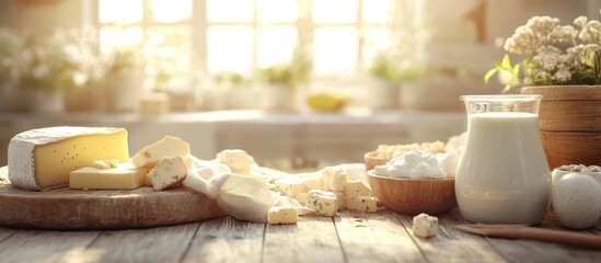 Wall Mural - Rustic Kitchen Table with Assorted Cheeses, Fresh Milk, and Cottage Cheese in a Sunlit Farmhouse Setting