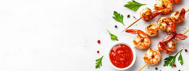 Wall Mural -  Grilled shrimp skewers on white surface, topped with parsley Small bowl of ketchup nearby