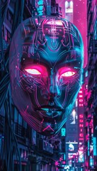 Wall Mural - Vivid neon halloween mask in a dystopian cyberpunk cityscape with digital graphics